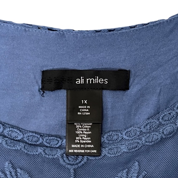 Ali Miles Size 1X Blue Lace Overlay Tunic Top Ruffle Tiered Lagenlook 3/4 Sleeve - Picture 7 of 10